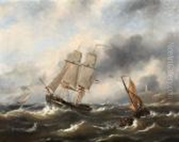 Woelige Zee Met Schoener Onder Nederlandse Vlag Oil Painting by Govert Van Emmerik