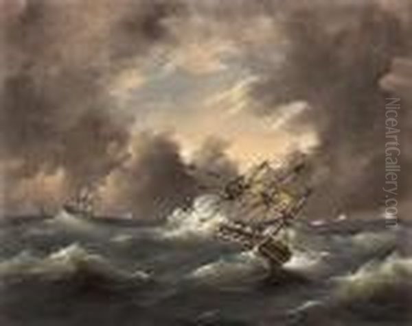 Three-master In Rough Sea Oil Painting by Govert Van Emmerik