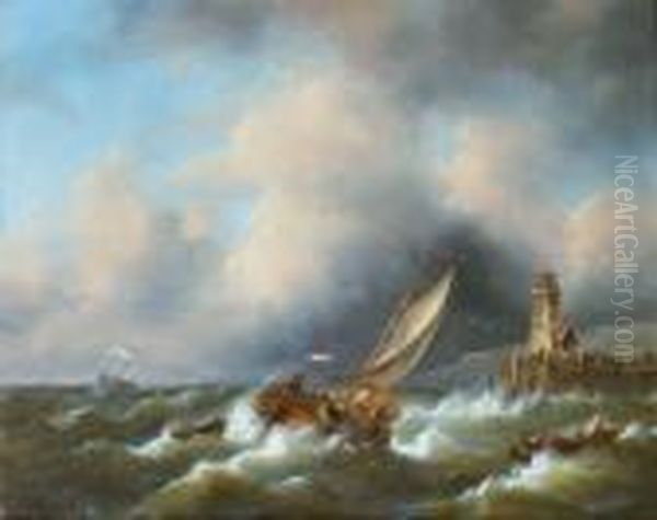 Sailing In A Stiff Breeze By A Coast Oil Painting by Govert Van Emmerik