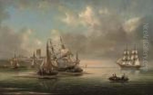 A Seascape With Shipping Off The Coast Oil Painting by Govert Van Emmerik