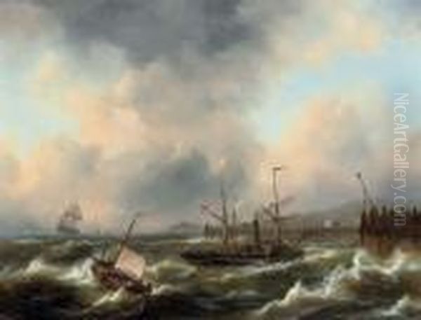 A Paddle Steamer On Rough Water Oil Painting by Govert Van Emmerik