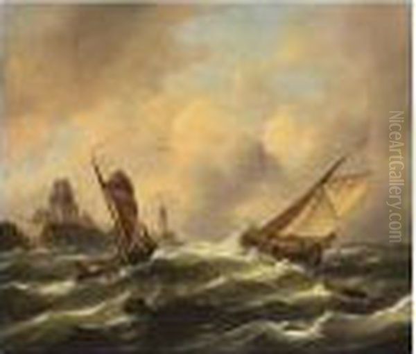 Sailingvessels Off The Coast Oil Painting by Govert Van Emmerik