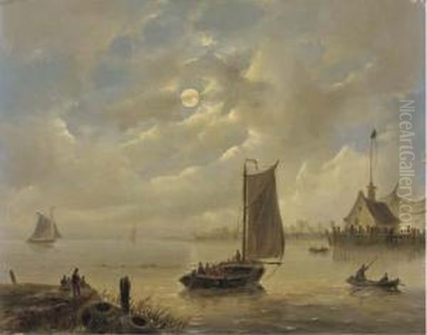 Approaching A Harbour Town By Moonlight Oil Painting by Govert Van Emmerik