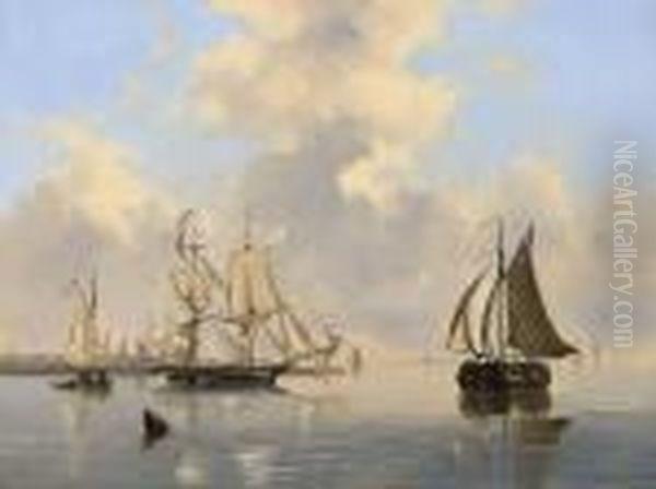 Sailing Vessels Near A Town Oil Painting by Govert Van Emmerik