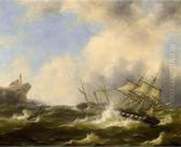 A Threemaster In Distress Oil Painting by Govert Van Emmerik