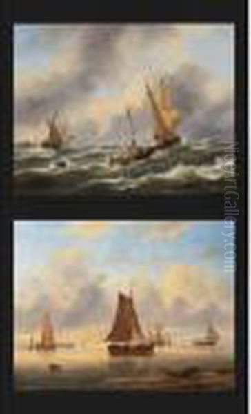 Sailing Vessels On A Choppy Sea; Shipping In A Calm At Sunset (a Pair) Oil Painting by Govert Van Emmerik