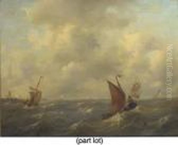 A Rough Sea With A Dutch Hoy Leaving Port, A Threemaster On The Horizon Oil Painting by Govert Van Emmerik