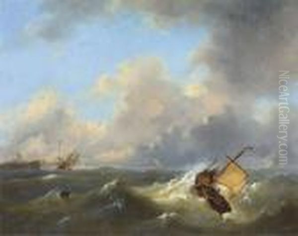 Shipping On A Choppy Sea By A Coast Oil Painting by Govert Van Emmerik