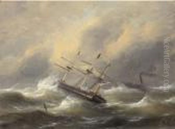 Sailing Ships In Stormy Weather Oil Painting by Govert Van Emmerik