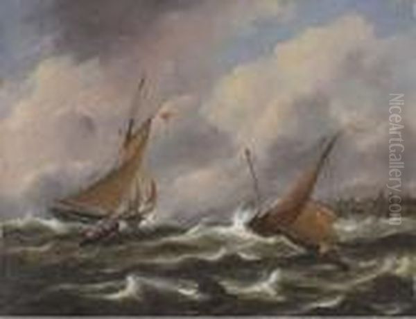 Dutch Fishing Vessels Off A Jetty In Stormy Seas Oil Painting by Govert Van Emmerik