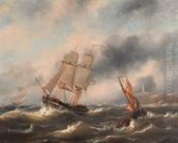 A Dutch Trading Schooner In A Storm Oil Painting by Govert Van Emmerik