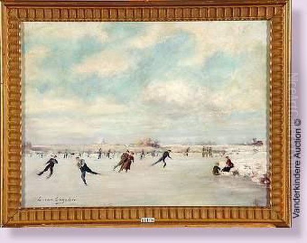 Paysage D'hiver Aux Patineurs Oil Painting by Louis Van Engelen