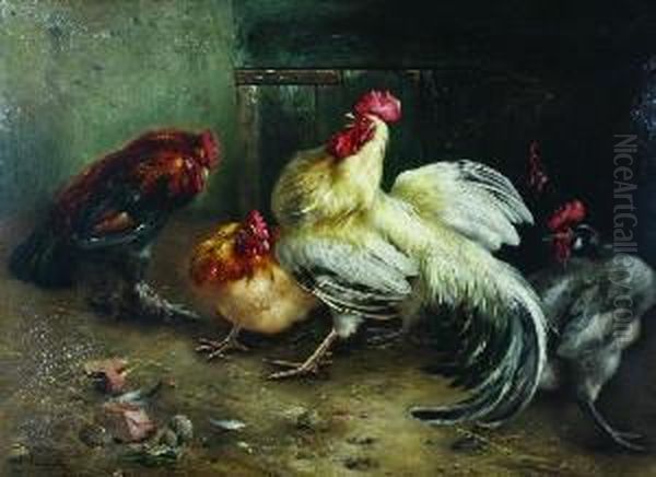 Roosters And Chickens Oil Painting by Piet Van Engelen