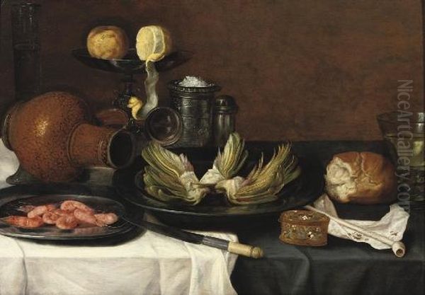 Artichokes And Shrimps On Pewter
 Plates, An Earthenware Jug, A Knife, A Peeled Lemon And An Orange On A 
Tazza, A Salt-cellar And Other Objects On A Draped Table Oil Painting by Jacob Fopsen van Es