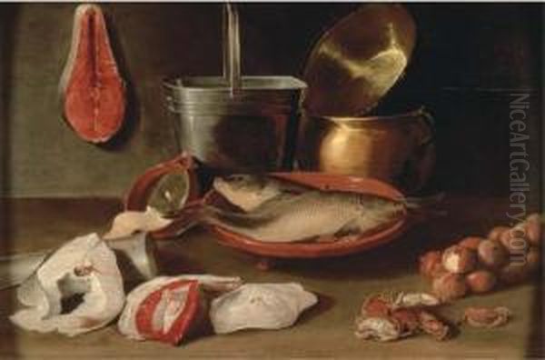 Bream In A Stoneware Bowl With Onions, Crabs, Fish Filets Oil Painting by Jacob Fopsen van Es