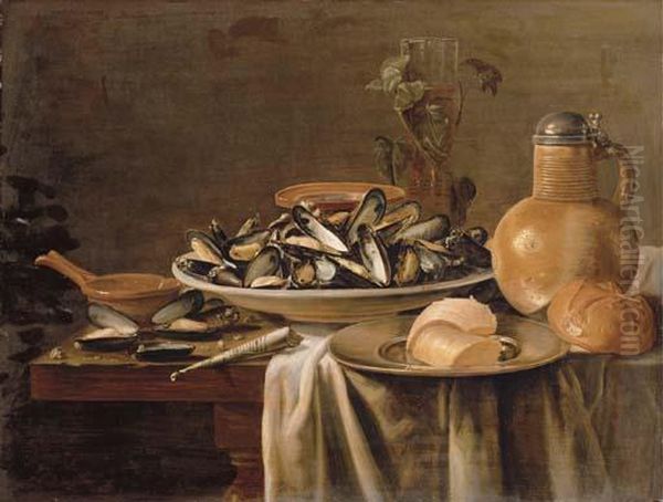 Mussels In A Porcelain Bowl, A 
Stoneware Flagon, A Roemer And A Bread Roll On A Partially-draped Table Oil Painting by Jacob Fopsen van Es