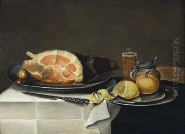 Still Life With A Leg Of Ham On A
 Pewter Plate Together With A Lemon And Apple And A Glass Of Ale Oil Painting by Jacob Fopsen van Es