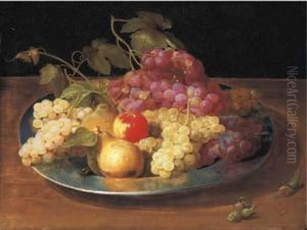 Grapes, An Apple And Pears With A Beetle In A Pewter Bowl On Aledge With Rosebuds Oil Painting by Jacob Fopsen van Es