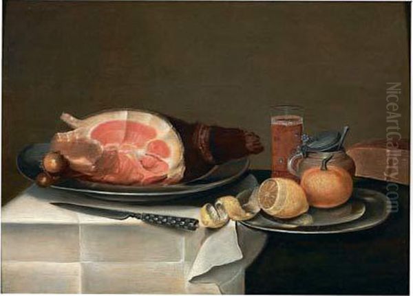 Nature Morte Au Jambon, Citron Et Couteau Sur Un Entablement Oil Painting by Jacob Fopsen van Es