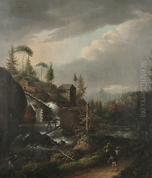 A Scandanavian Landscape With A Watermill Oil Painting by Jacob Fopsen van Es