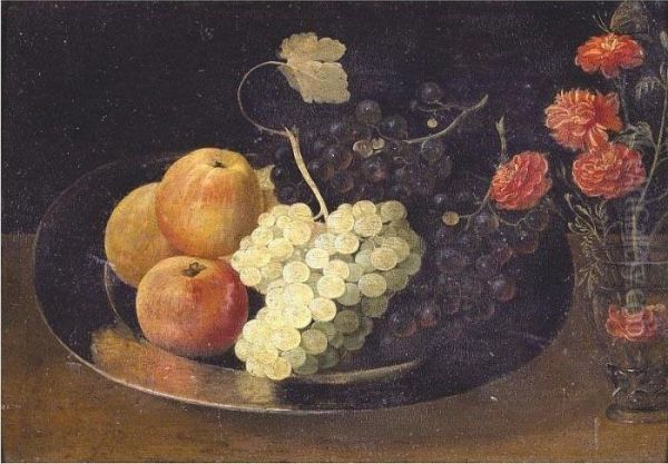 Still Life With Grapes And Apples On A Pewter Plate And A Glass With Carnations Oil Painting by Jacob Fopsen van Es