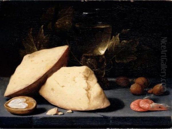 Still Life Of Cheese, A Roemer 
Of Wine, A Walnut, Hazelnuts And Two Shrimps On A Table-top Oil Painting by Jacob Fopsen van Es