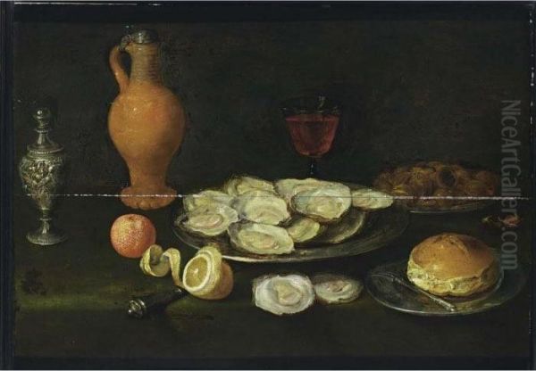 A Still Life With Oysters, 
Chestnuts, And A Roll Together With A Fork, All On Pewter Plates, A Half
 Peeled Lemon, A Bitter Orange, A Glass Of Wine, An Earthenware Jug With
 A Pewter Lid And Silver Pepperbox, All On A Table Draped With A Green 
Cloth Oil Painting by Jacob Fopsen van Es