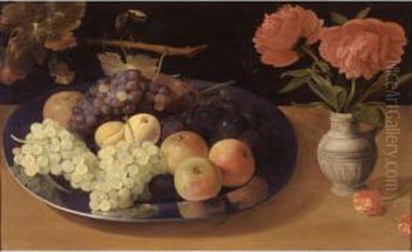 Still Life Of Grapes, Plums And 
Apples On A Silver Platter Together With A Vase With Flowers All Resting
 On A Ledge Oil Painting by Jacob Fopsen van Es