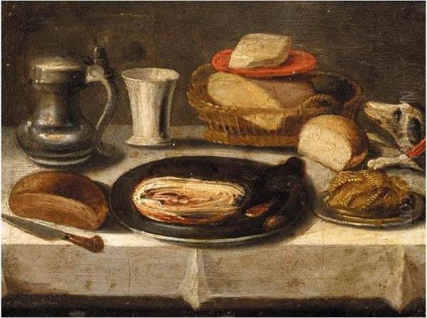 Still Life Of A Pewter Plate 
With A Jan Steen Jug, A Cup, A Basket Of Bread, And A Dog On A Table Oil Painting by Jacob Fopsen van Es