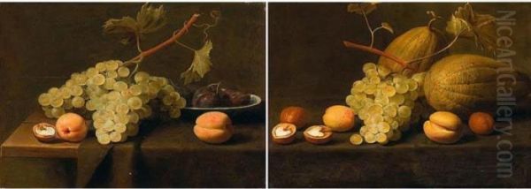 Still Life Of Grapes, Peaches 
And A Walnut, Together With Plums In A Blue And White Porcelain Bowl, 
Arranged Upon A Partly Draped Stone Ledge Oil Painting by Jacob Fopsen van Es