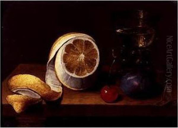 Still Life With A Glass, A Lemon, A Cherry And A Plum All Resting On A Table Oil Painting by Jacob Fopsen van Es