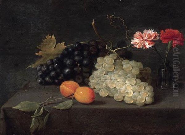 Plums, Grapes And A Vase Of Carnations On A Draped Table Oil Painting by Jacob Fopsen van Es