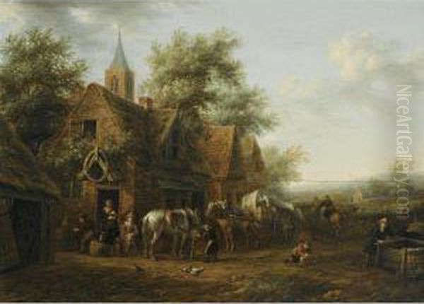 Travellers Resting Outside An Inn, A Boy Tending The Carthorses Oil Painting by Barend Gael or Gaal