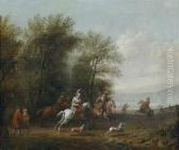 Cacciatori In Partenza Per Una 
Battuta Di Caccia Forzata; Cacciatori In Riposo E Cavalieri Davanti Ad 
Una Locanda Oil Painting by Barend Gael or Gaal