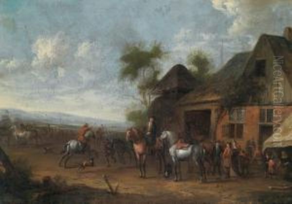 Cavalieri In Sosta Accanto A Una Locanda Oil Painting by Barend Gael or Gaal