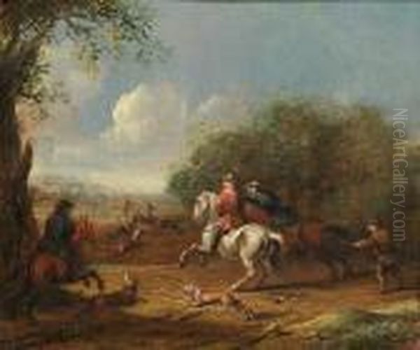 A Landscape With A Hunt Oil Painting by Barend Gael or Gaal