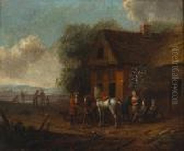 Figures And Horses Outside An Inn In An Extensive Landscape Oil Painting by Barend Gael or Gaal