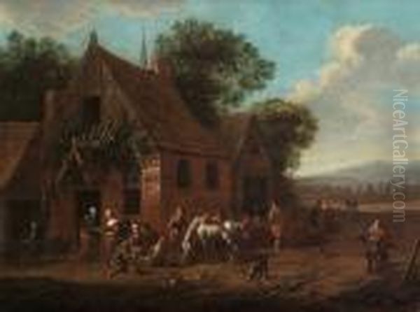 Peasants And Travellers Resting Outside An Inn Oil Painting by Barend Gael or Gaal