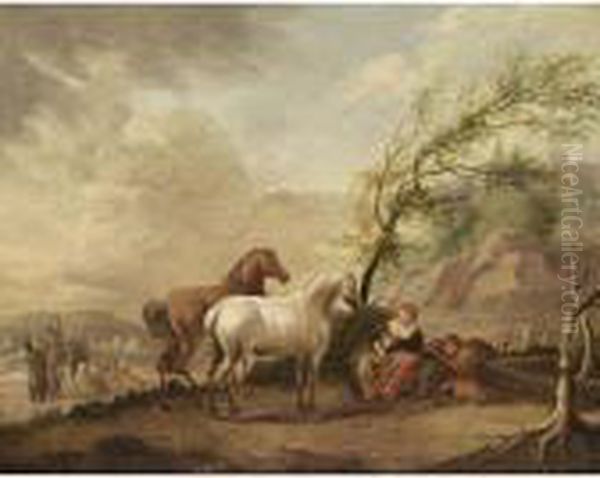 A Landscape With A Woman And Two
 Children Resting By A Tree Near A Well, Two Horses Nearby Oil Painting by Barend Gael or Gaal