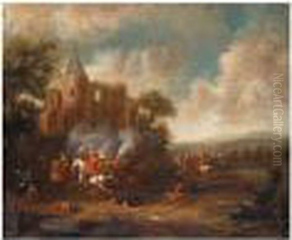 A Cavalry Engagement Before A Ruined Castle Oil Painting by Barend Gael or Gaal