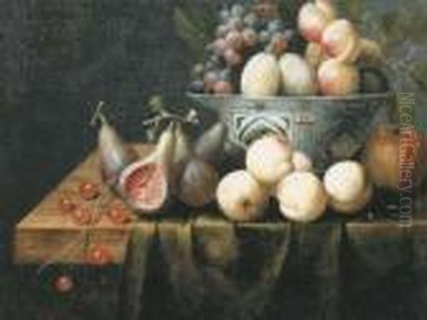 Grapes And Peaches In A Wan-li 
Bowl With Cherries, Figs, Peaches And A Pomegranate On A Partially 
Covered Table Oil Painting by Frans Van Everbroeck