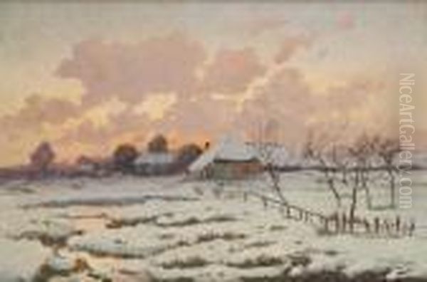 Coucher De Soleil Sur La Chaumiere Enneigee Oil Painting by Joseph Van Genegen