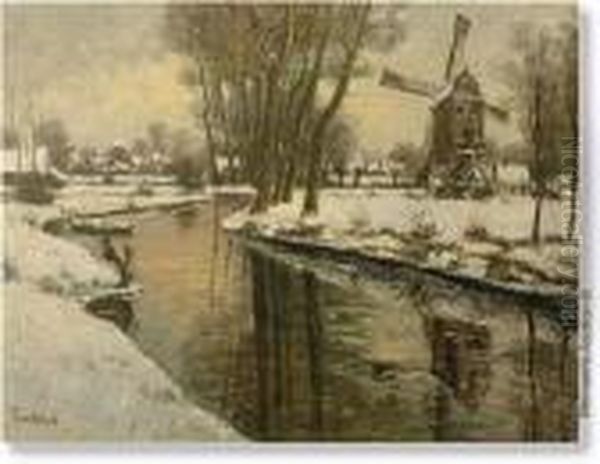 Winter Landscape With Windmill And Village. Canvas. Signed Fr Van Genesen. Oil Painting by Franz Van Genesen