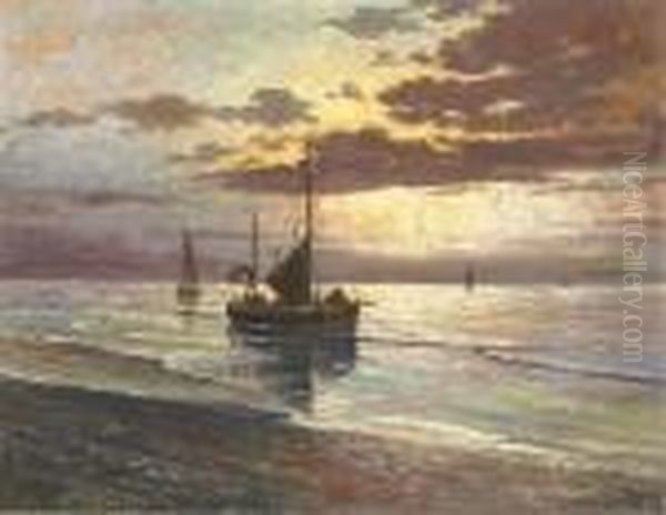 Fishing Vessels In Calm Waters At Dusk Oil Painting by Franz Van Genesen