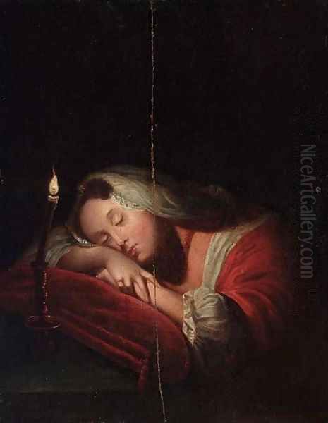 Sleeping Beauty by a Candle Oil Painting by Pavel Andreevich Fedotov