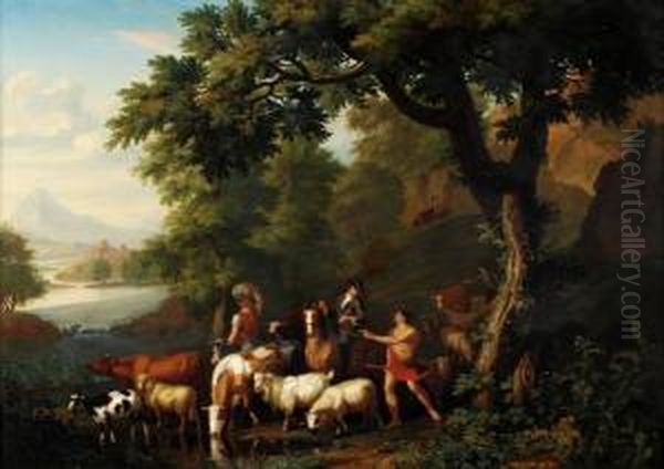 Herdsmanwith Cattle, Goats And Sheep At A Stream With An Arcadian Landscapebeyond Oil Painting by Jan van Gool