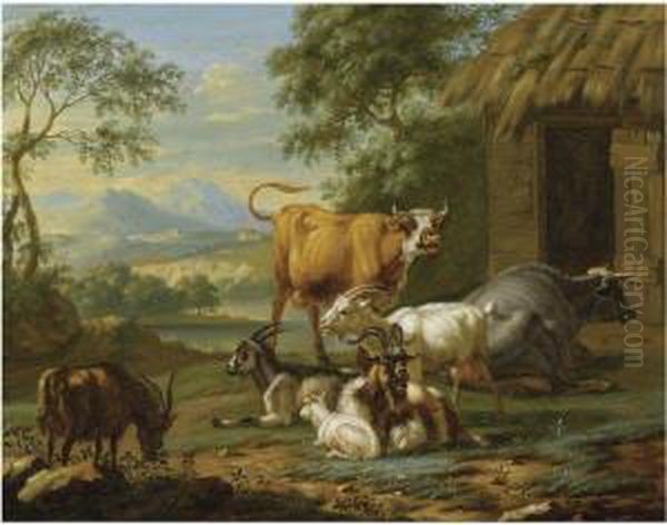 Goats And Cows In A Southern Landscape Oil Painting by Jan van Gool