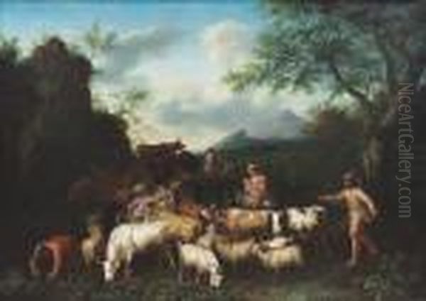 Drovers Watering Their Herd At A Stream In A Landscape Oil Painting by Jan van Gool