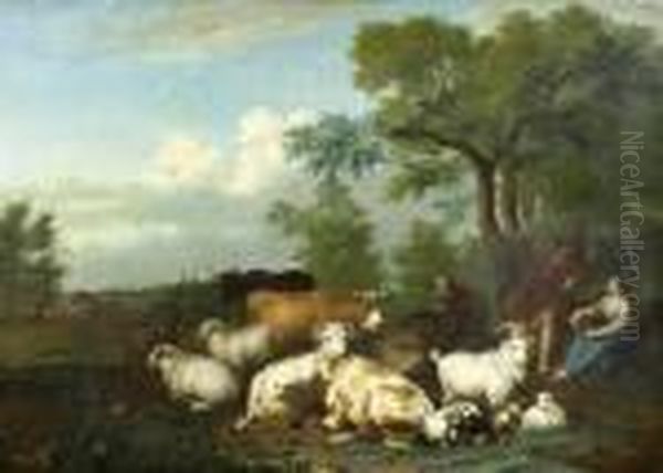 Cowherds In A Landscape Oil Painting by Jan van Gool