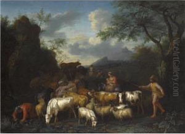 A Mountainous Landscape With Herdsmen And Their Cattle Near A Stream Oil Painting by Jan van Gool